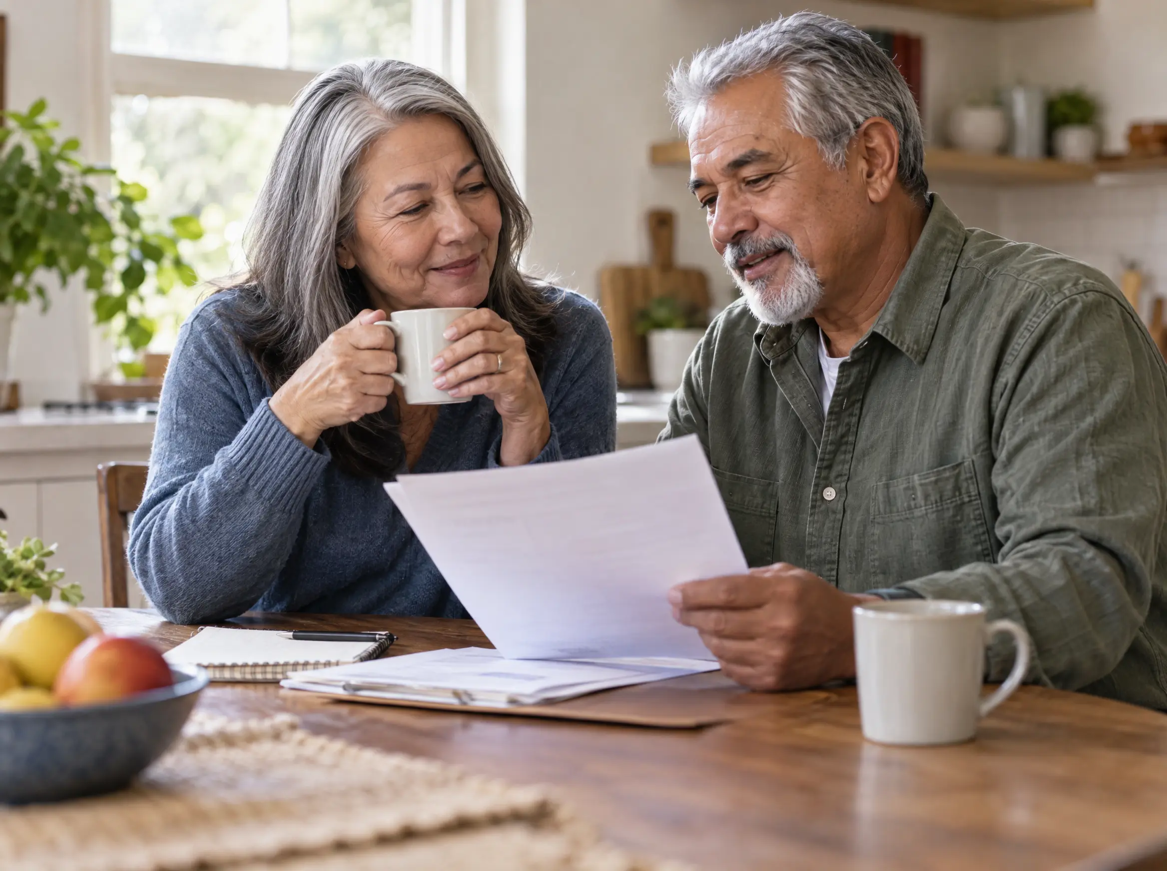 A couple in retirement reviewing their options over coffee at home