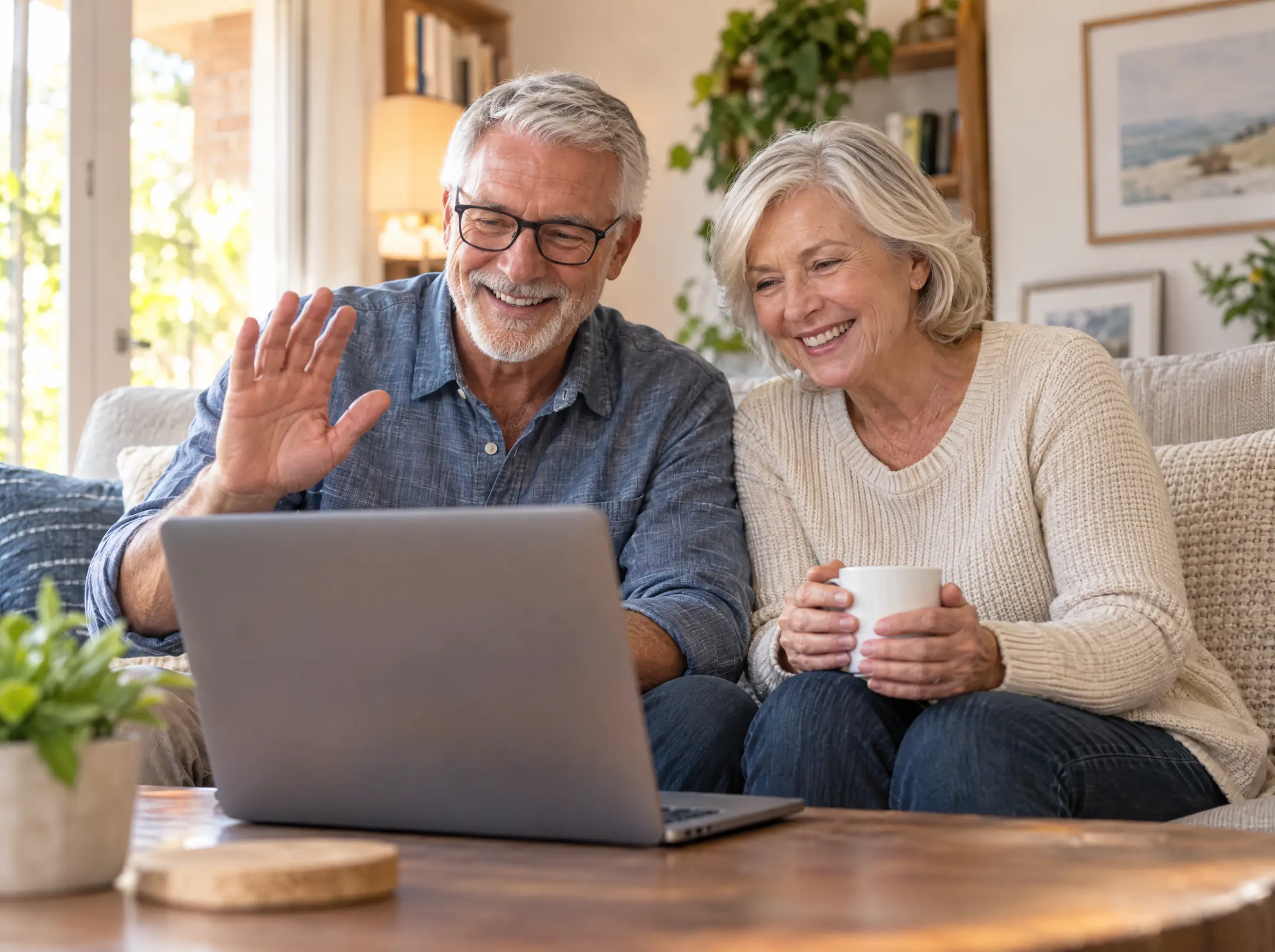 An older couple on a friendly video call from home
