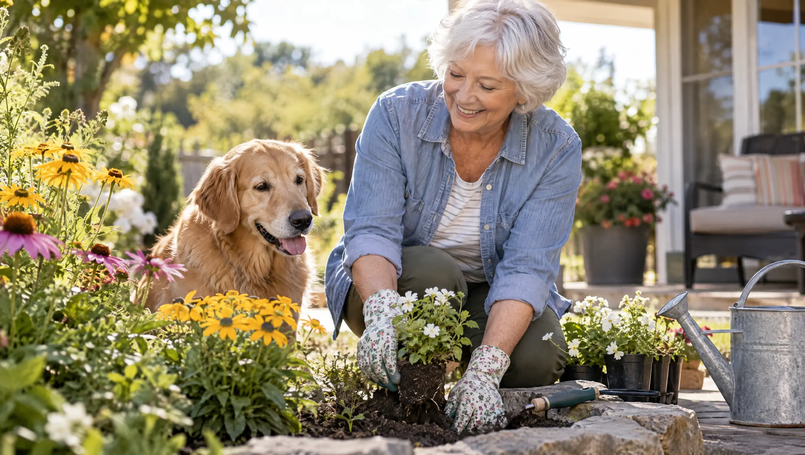An older adult gardening with her dog on a sunny afternoon